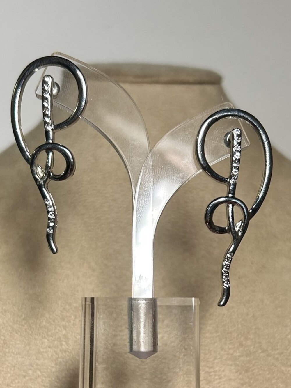 Silver Tone Abstract Swirl Rhinestone Dangle Earrings Art Deco Geometric